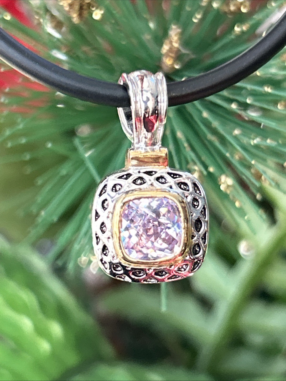 Gold And Silver Tone Square Pink Lab Diamond Pendant Necklace On Black Cord 16”