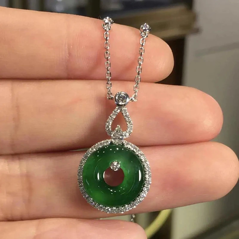 Natural Hetian Chrysoprase Pendant Inlaid Crystal Vintage Chinese Style Necklace