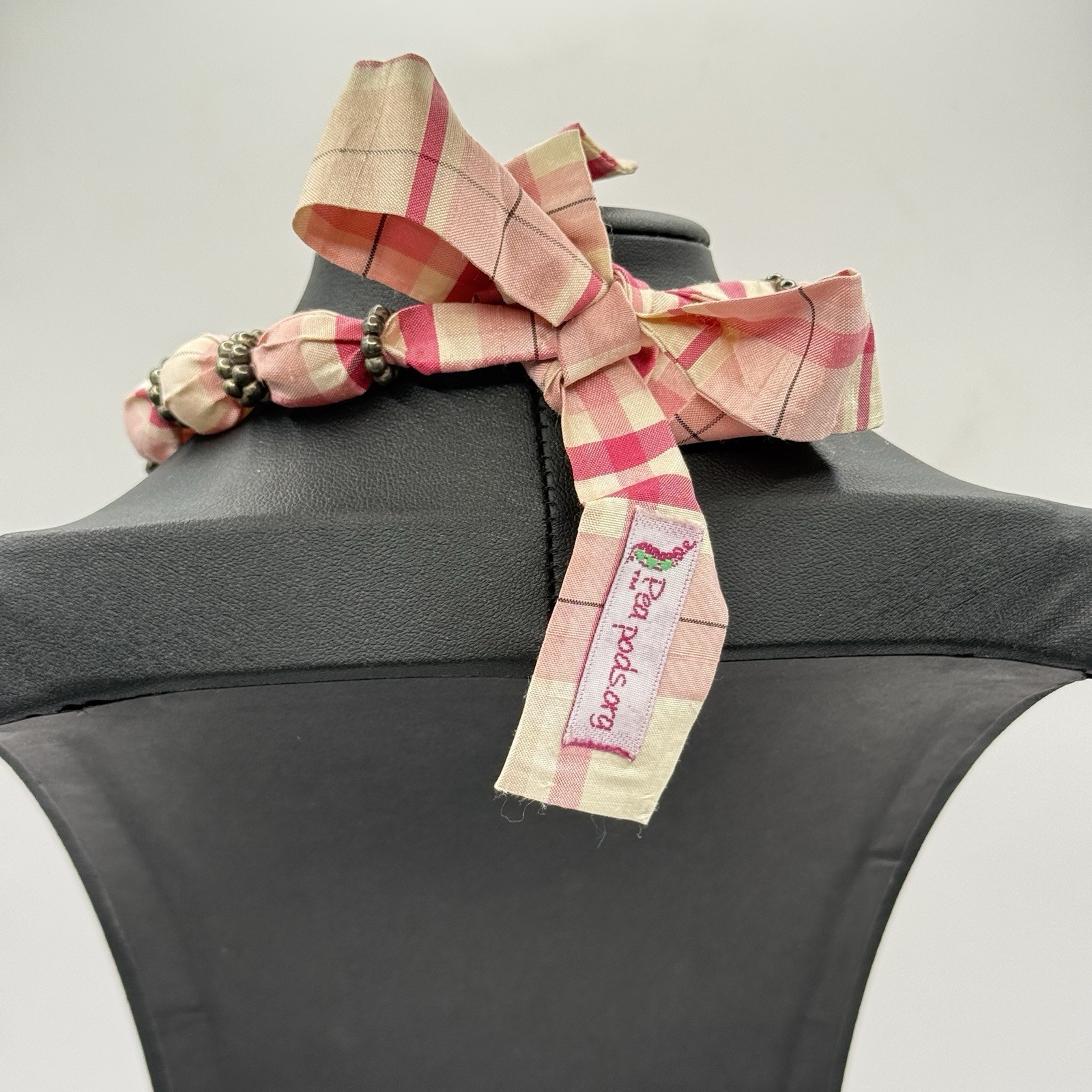 Pink Plaid Fabric Tie Back Necklace PEAPODS.ORG Preppy Adjustable Beaded Girly
