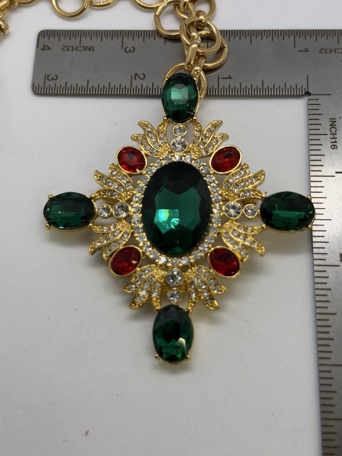 Journie Gold Tone Link Chain Cross Pendant Necklace Green Red Crystal Signed