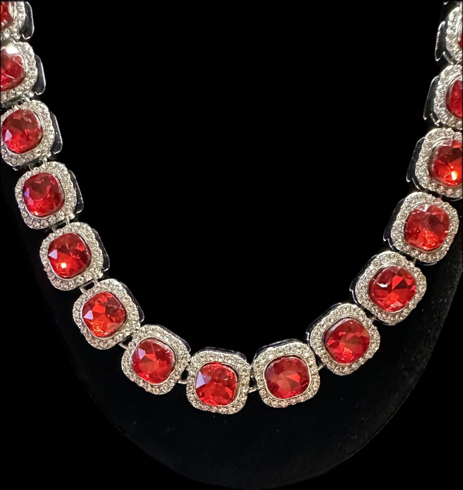 Woman’s 20 Inch Necklace Red Crystals And White CZ Sets Cushion Cut Stunning!!!