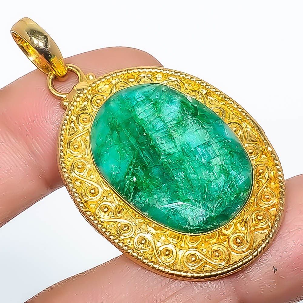 Emerald (Lab-Created) 18k Yellow Gold Plated Pendant 1.95″ P7622-189