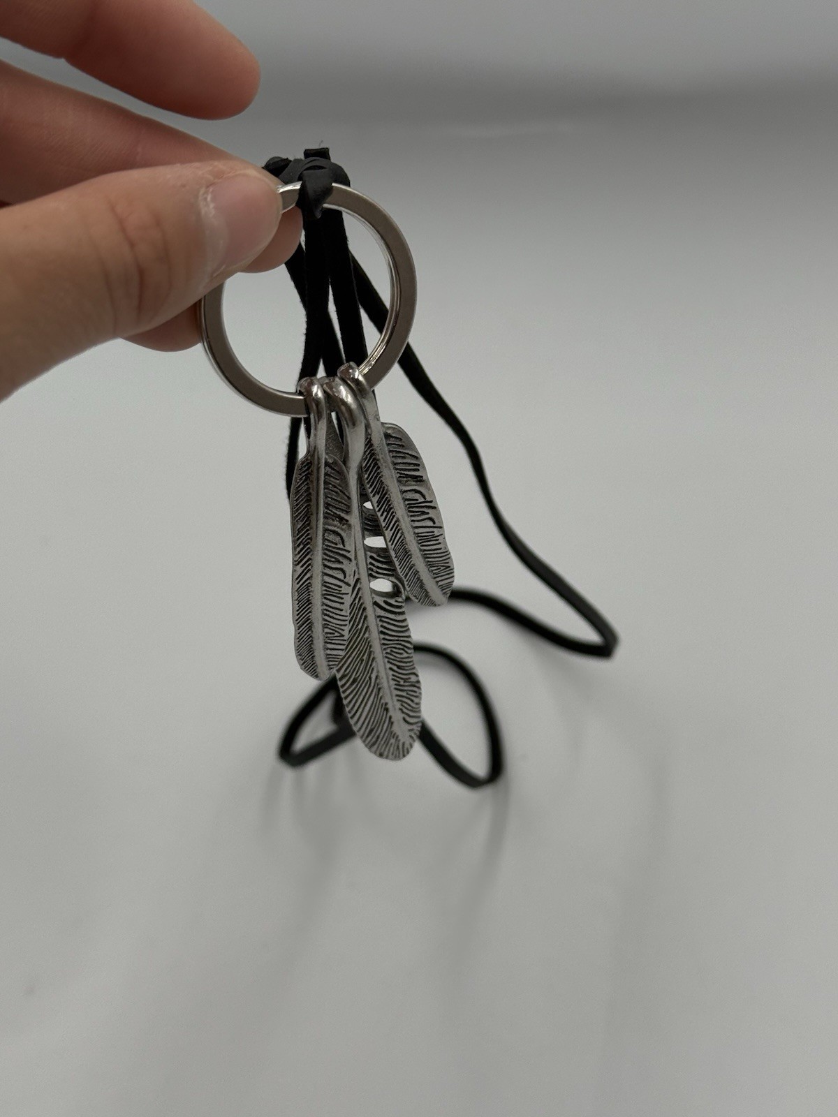 Boho Black Faux Suede Cord Necklace Silver Tone Triple Feather Pendant