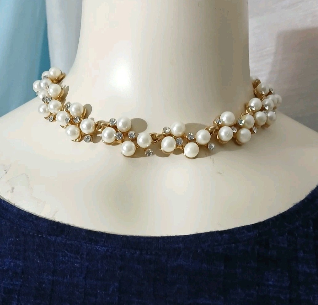 Betsey Johnson Faux Pearl and Rhinestone Cluster Collar Necklace Coquette…
