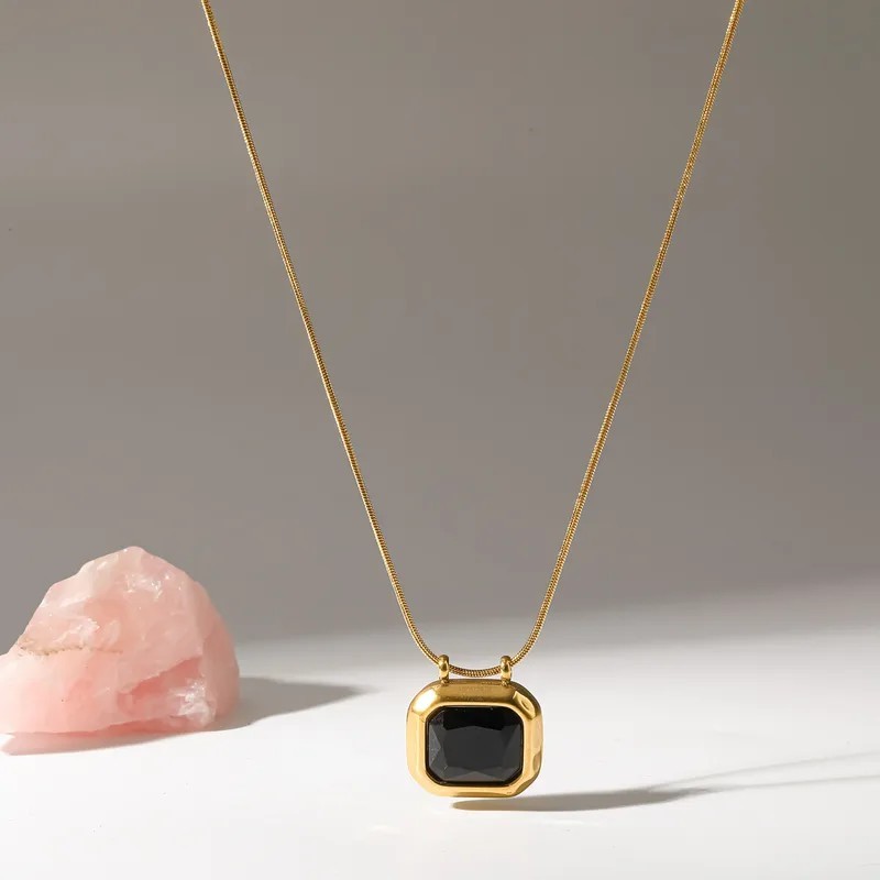 Yellow Gold Plated Chain Necklace w/ Square Bezel-Set Black Crystal Pendant