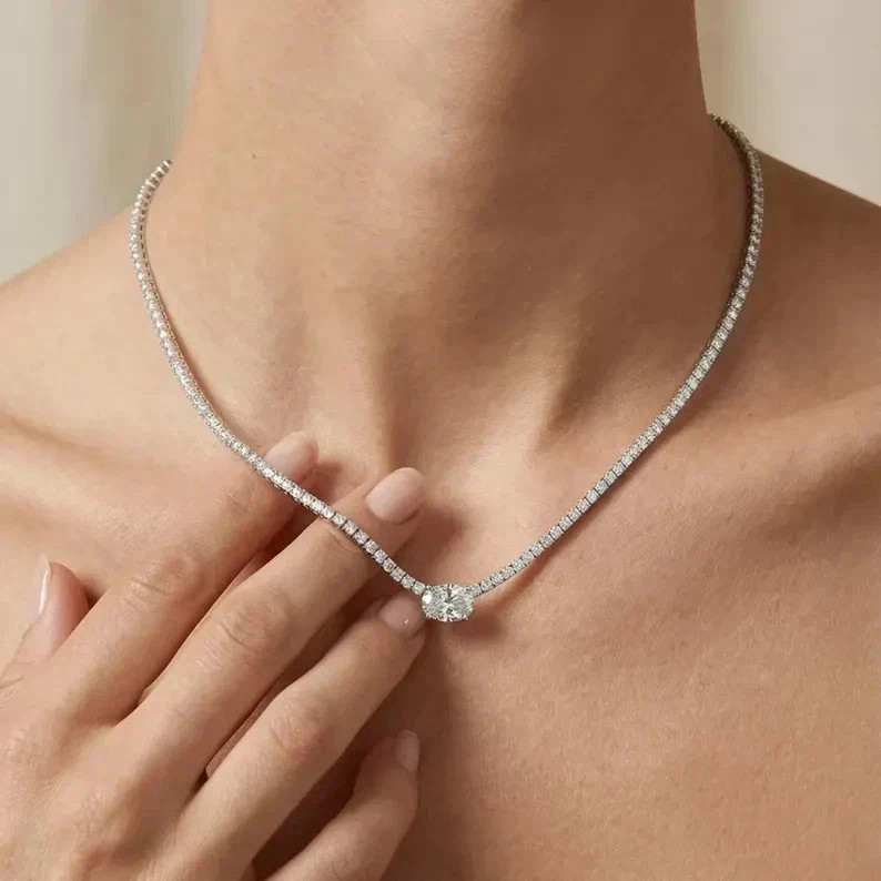 15TCW Oval Cut Lab Created Diamond Tennis Necklace 14k White Gold Plated