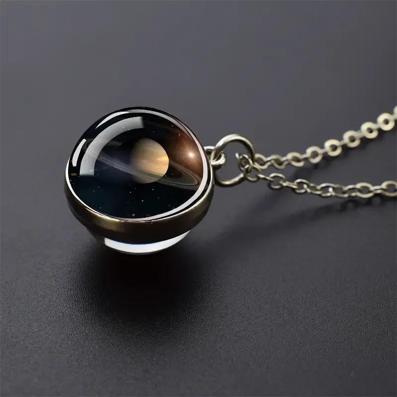 Double Sided Galaxy Planet Glass Ball Pendant Necklace Sun Earth Moon Mars