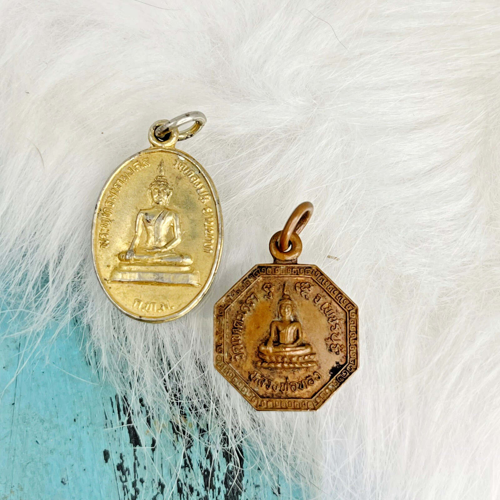 Vintage Lot of 2 Buddha Medals Pendants Gold Plate Copper HEALTH HAPPY LUCKY