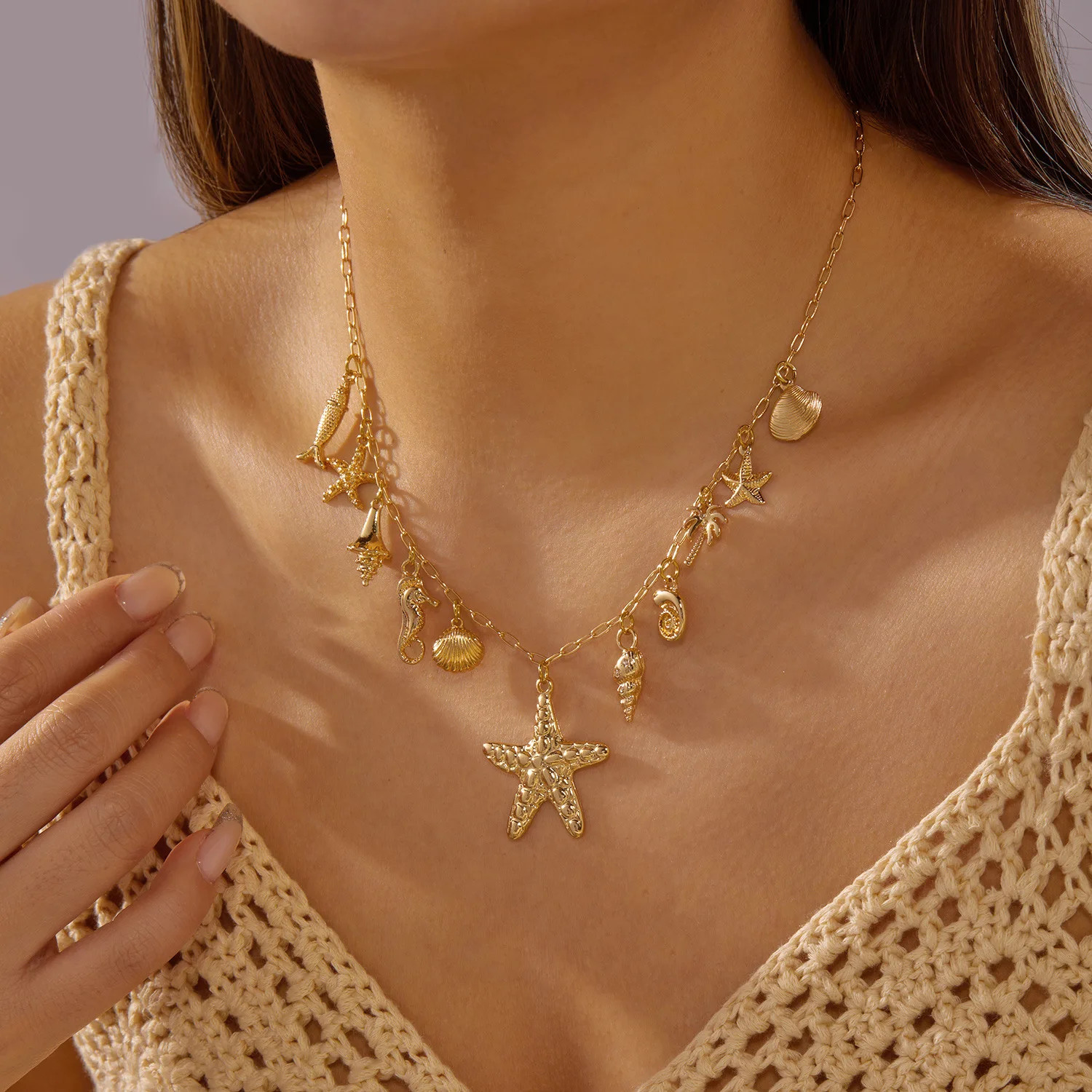 Boho 2 Layer Baroque Pearl Chain Necklaces Gold Plated Seashell Starfish Conch P