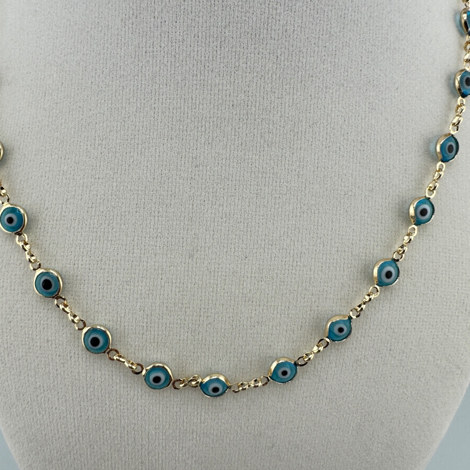 Gold Tone Evil Eye Station Necklace Blue Glass Nazar Protection Charm 18 Inch
