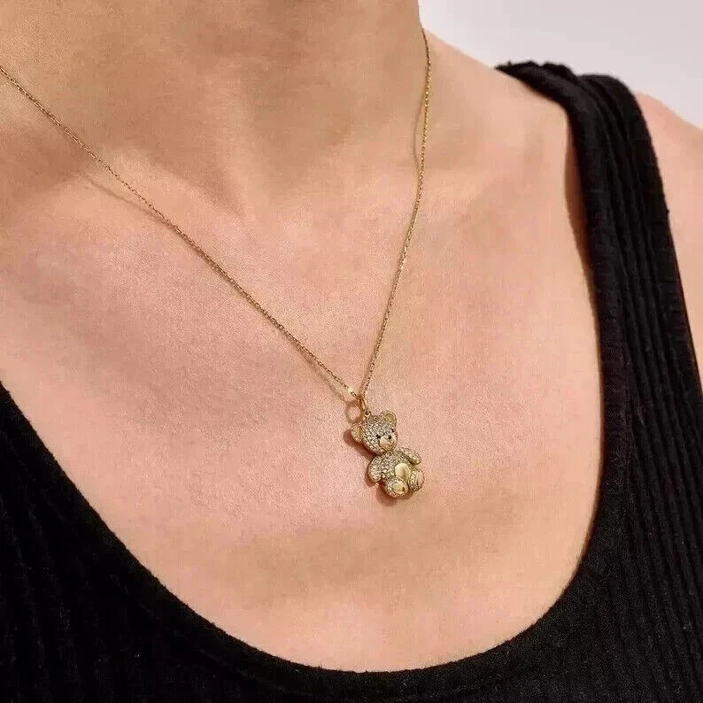 2Ct Round Cut Simulated Diamond Teddy Bear Shape Pendant 14k Yellow Gold Plated