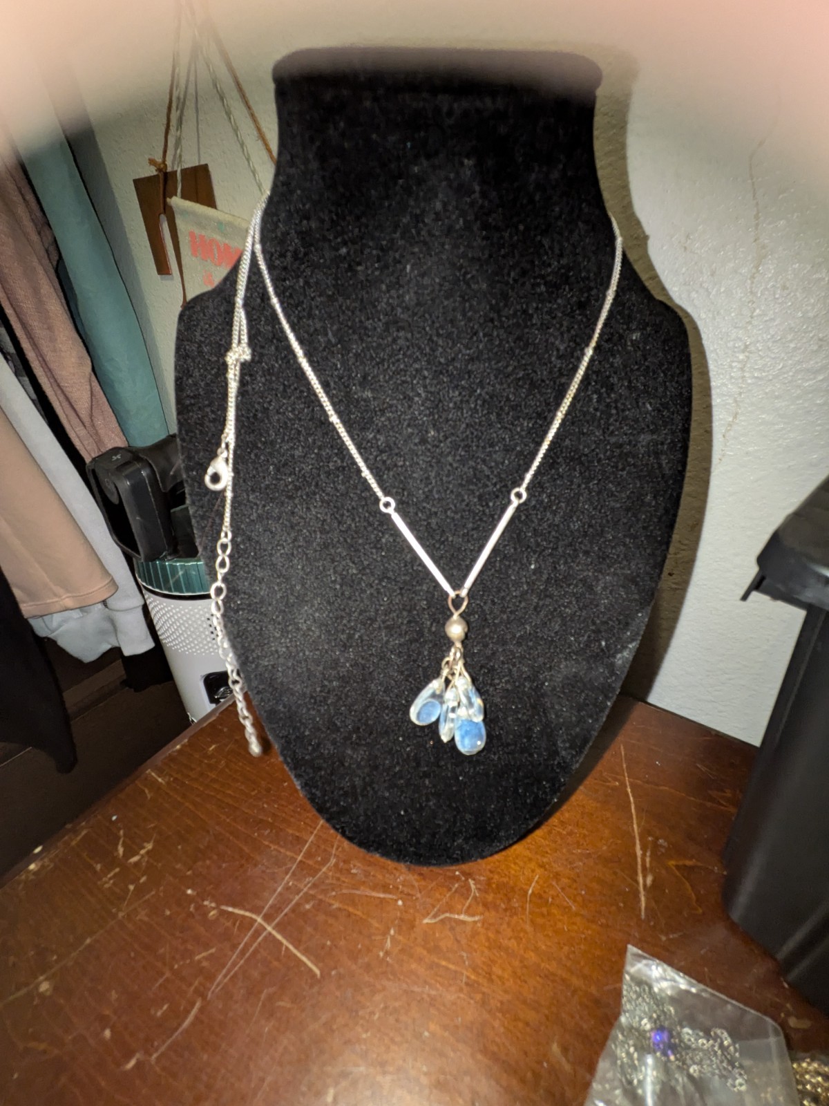 Silver Tone Metal Chain Necklace Blue & Clear Teardrop Charm Bezel Undated