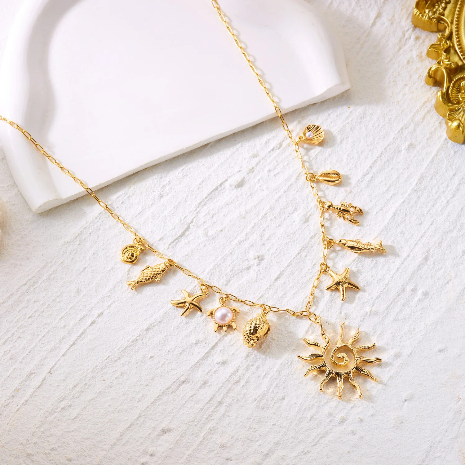 Boho 2 Layer Baroque Pearl Chain Necklaces Gold Plated Seashell Starfish Conch P