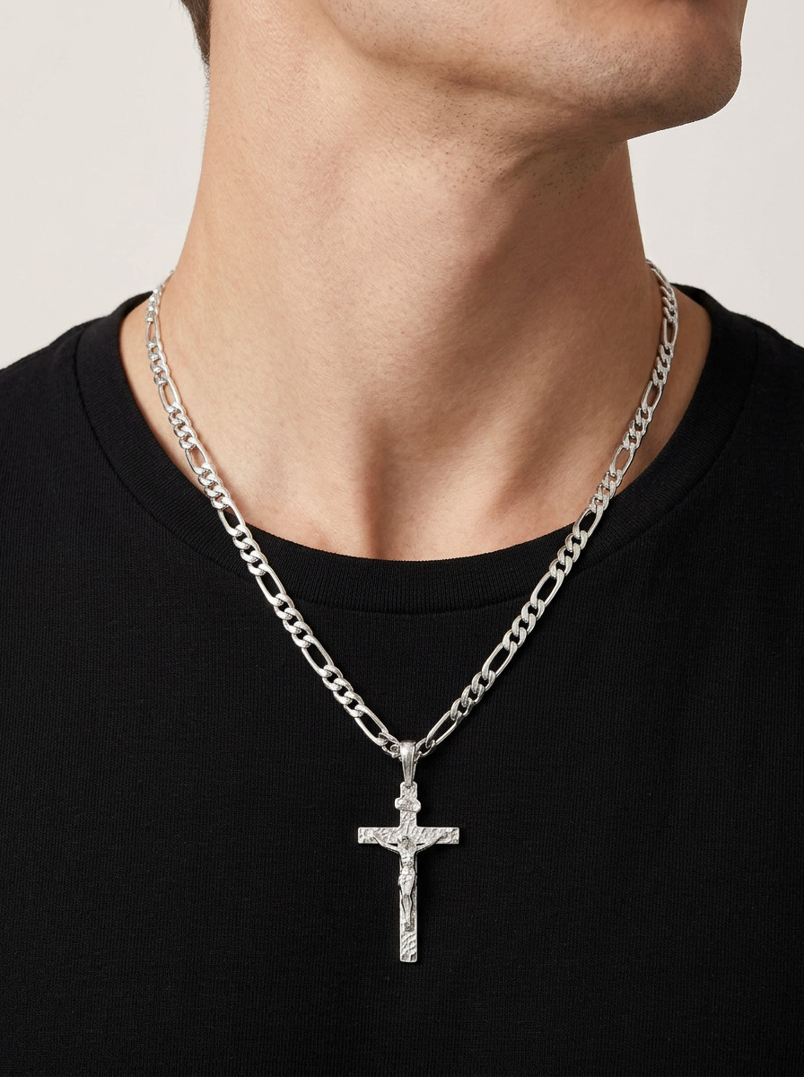 Silver Crucifix Necklace: 5mm Figaro Chain, Rhodium Plated, Men’s Necklace