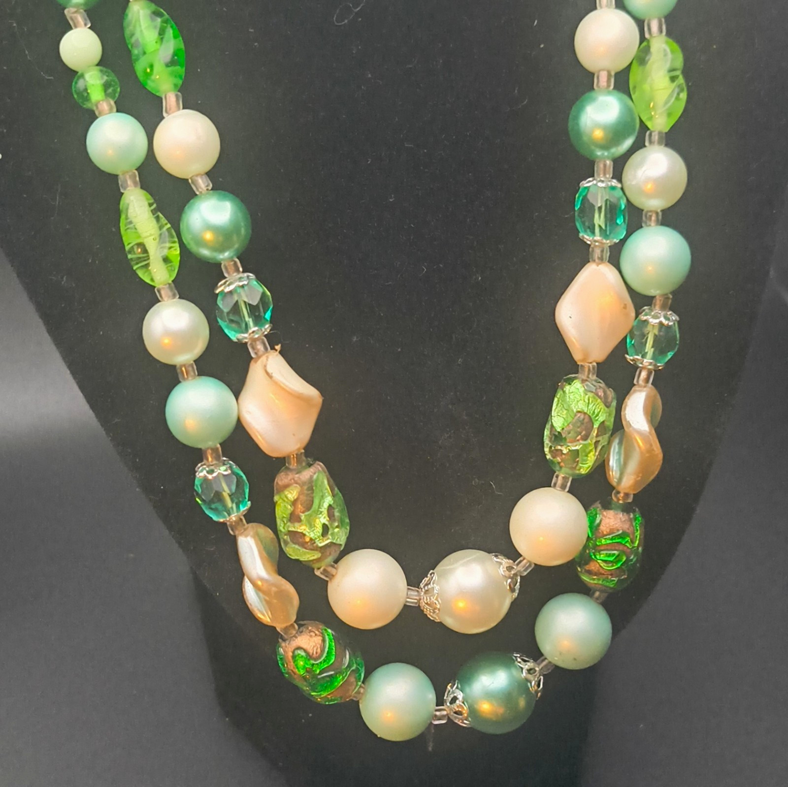 Layered Beaded Marked Japan Statement Necklace Green Glass Bead Round Pearl Hook