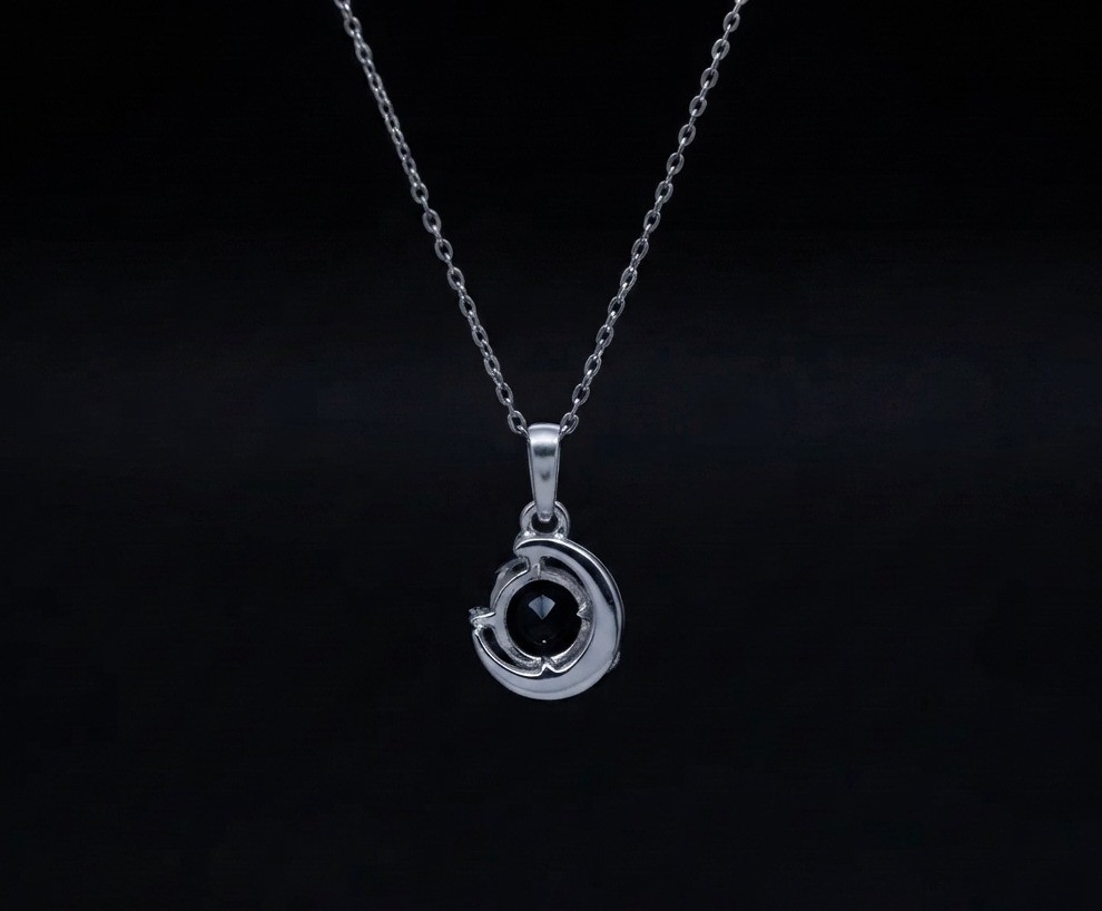 Sterling Silver Black Onyx Crescent Moon Pendant Necklace, Handcrafted Celestial