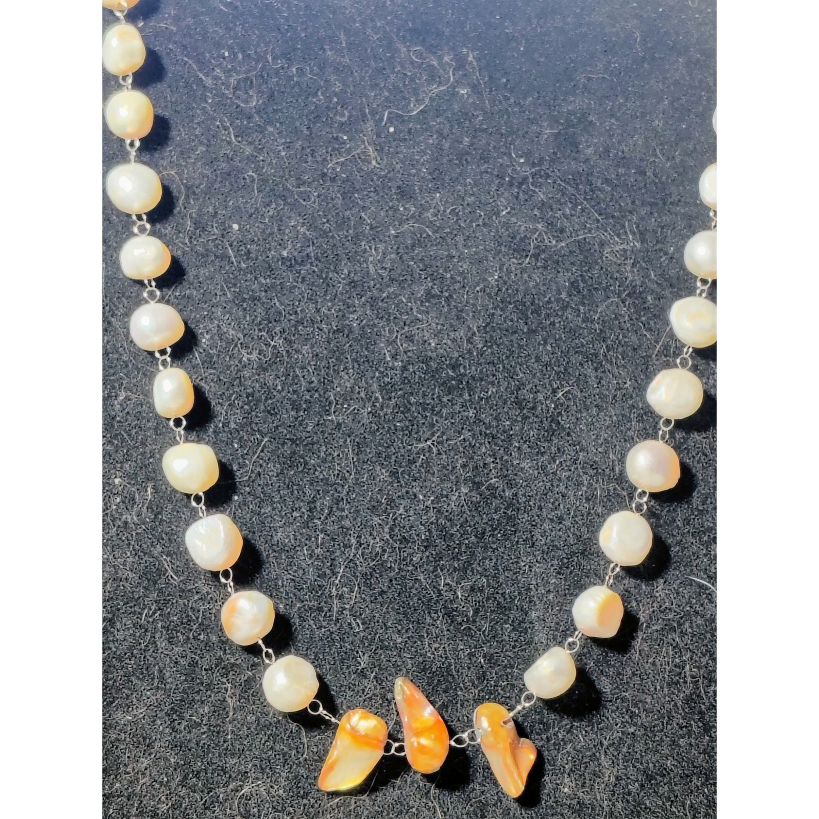 Freshwater Pearl Necklace White Coin Pearls Bronze Biwa Flame Pearls 20″