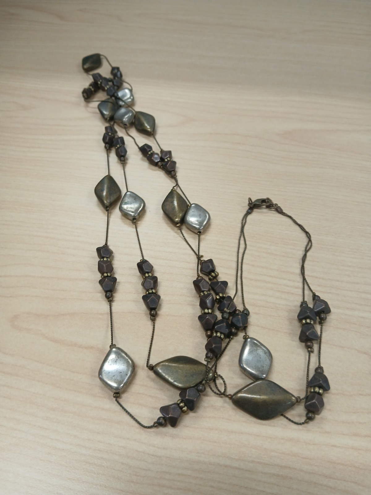 Layered Multi-Strand Beaded Cord Necklace Bronze Silver Black Lobster 36 in