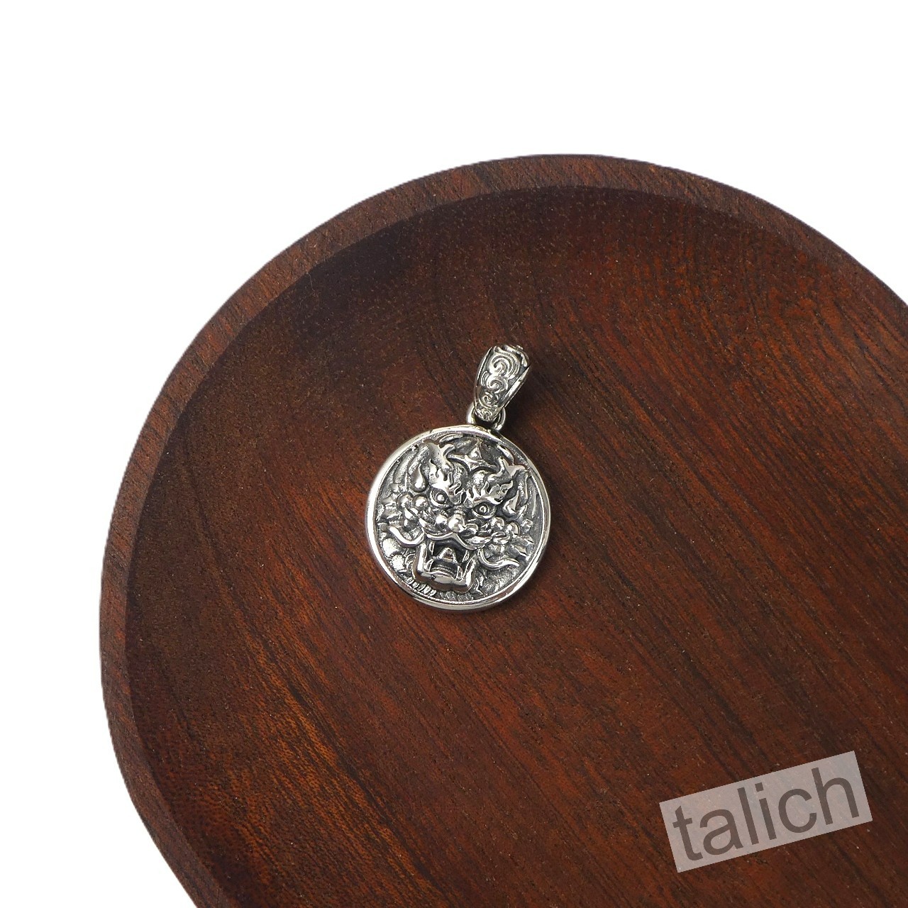 925 Sterling Silver Detailed Chinese Dragon Head 20mm Small Round Amulet Pendant