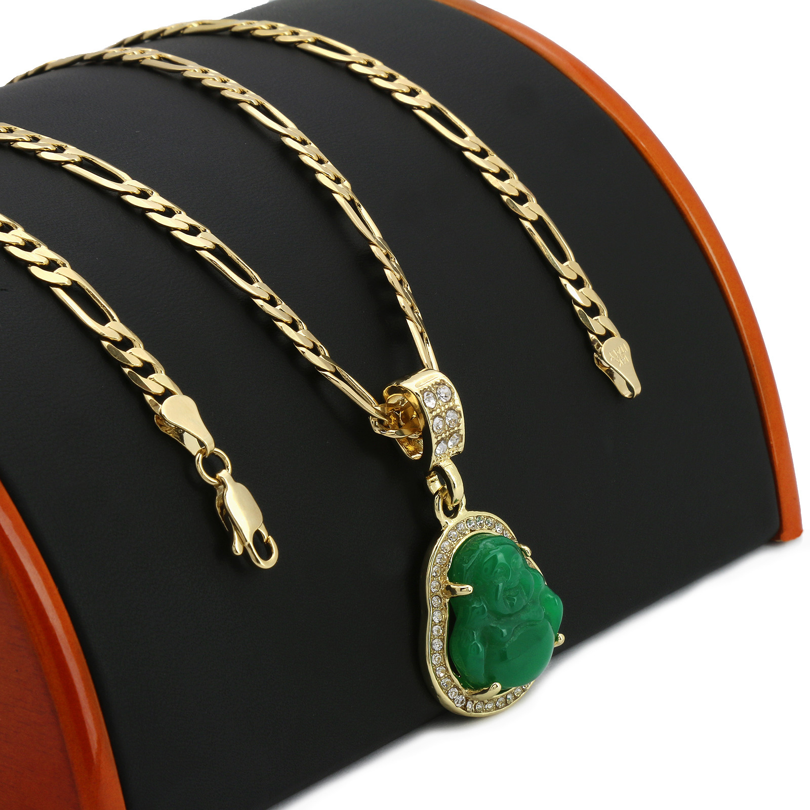 14k Gold Plated Green Jade Buddha Pendant Iced Cubic Zirconia 24″ Figaro Chain