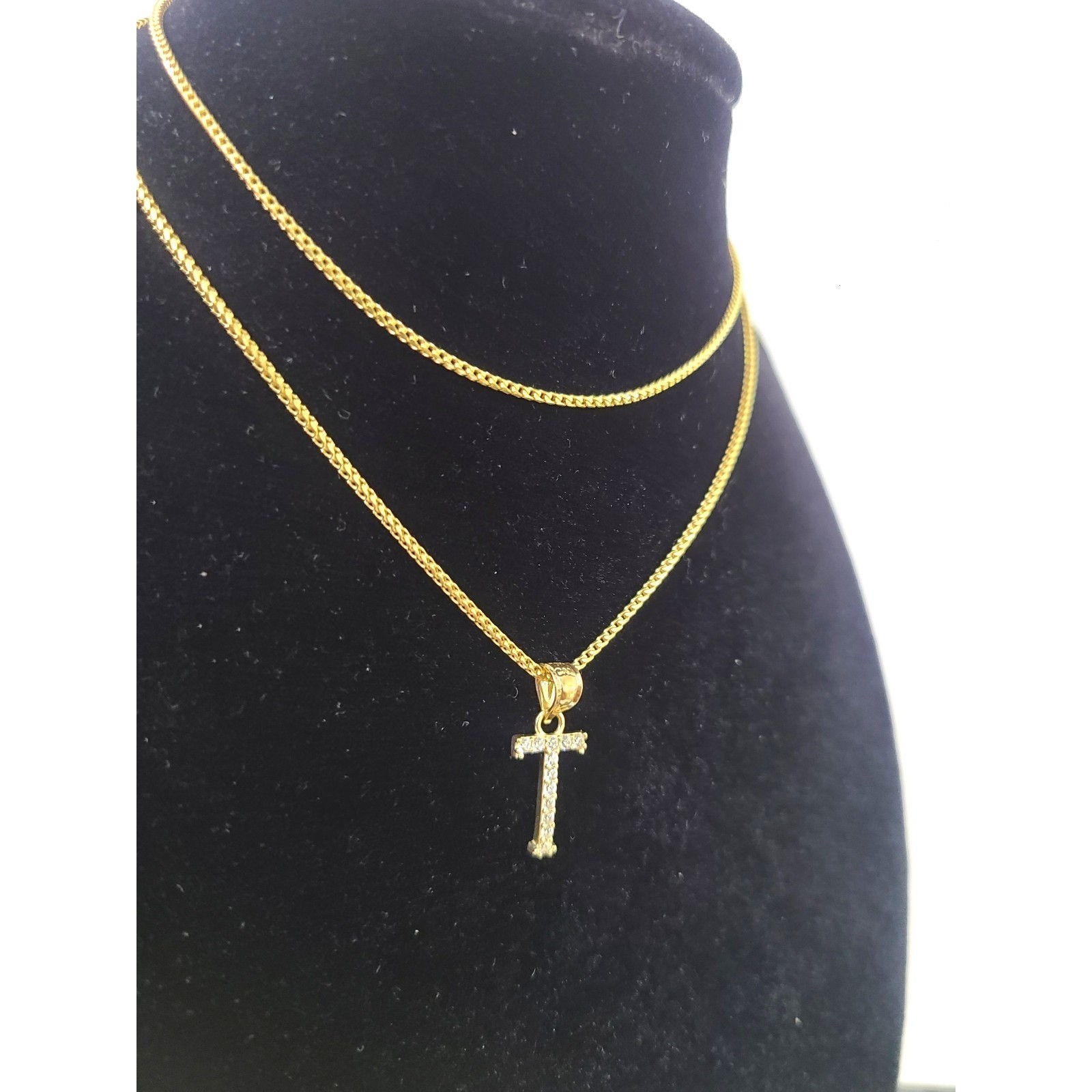 10K Gold Solid Franco Chain T Initial CZ Stone Pendant Set 1mm 16 18 20 22 Women