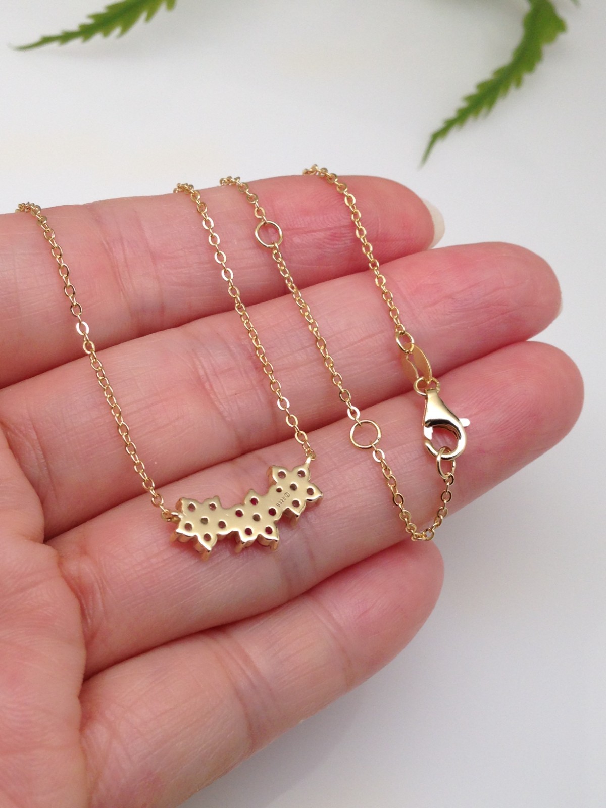 925 Sterling Silver CZ Pink Flower Pendant Gold Necklace Three Flower 16mm 17.5″