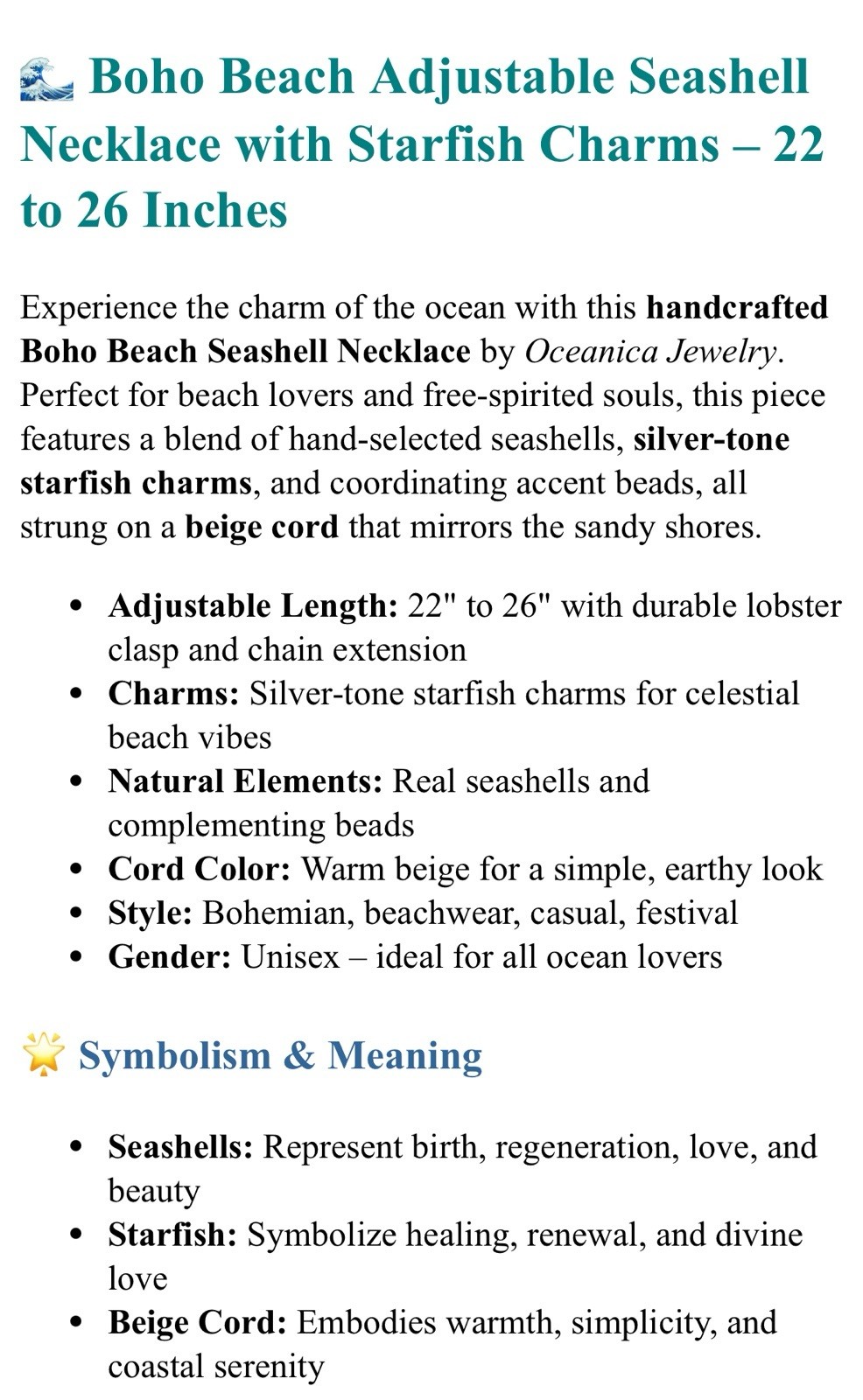 Boho Beach Adjustable Seashell Necklace w/ Starfish Charms & Beads 22-26″