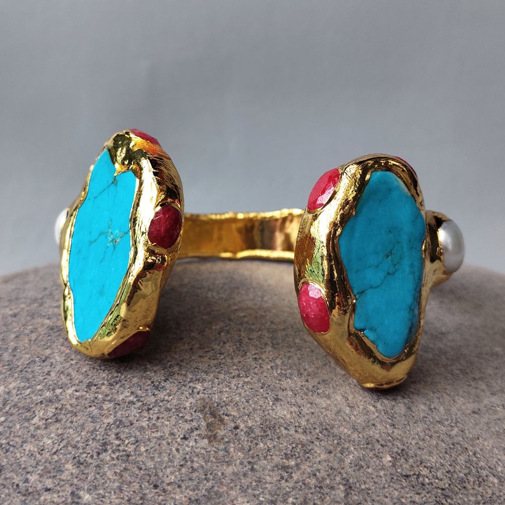 Turquoise Jade White Pearl Bangle Cuff Bracelet For Women Fashion Jewelry