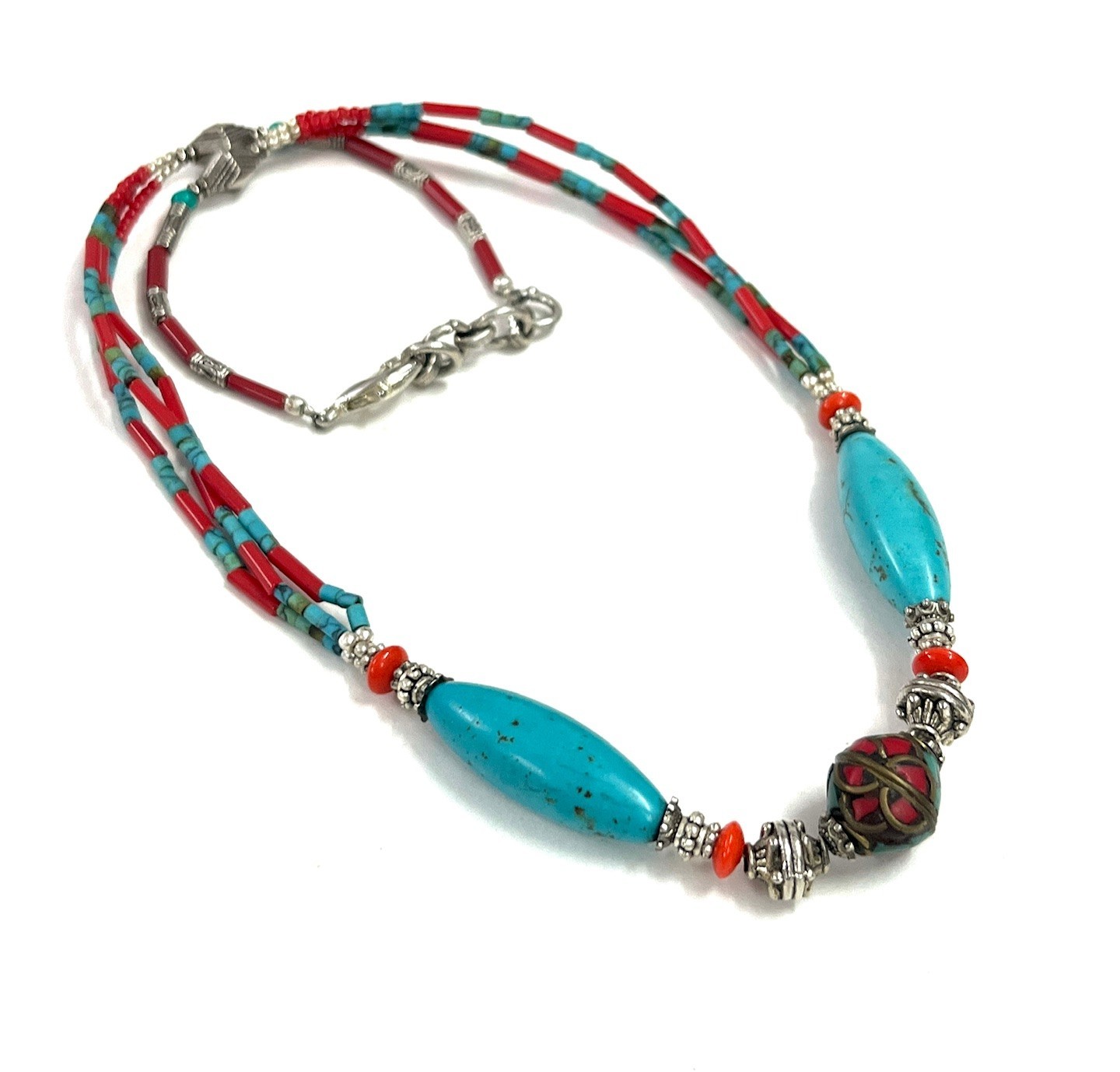Turquoise Coral Gemstone Tibetan Statement Necklace Jewelry, 18 inch Adjus