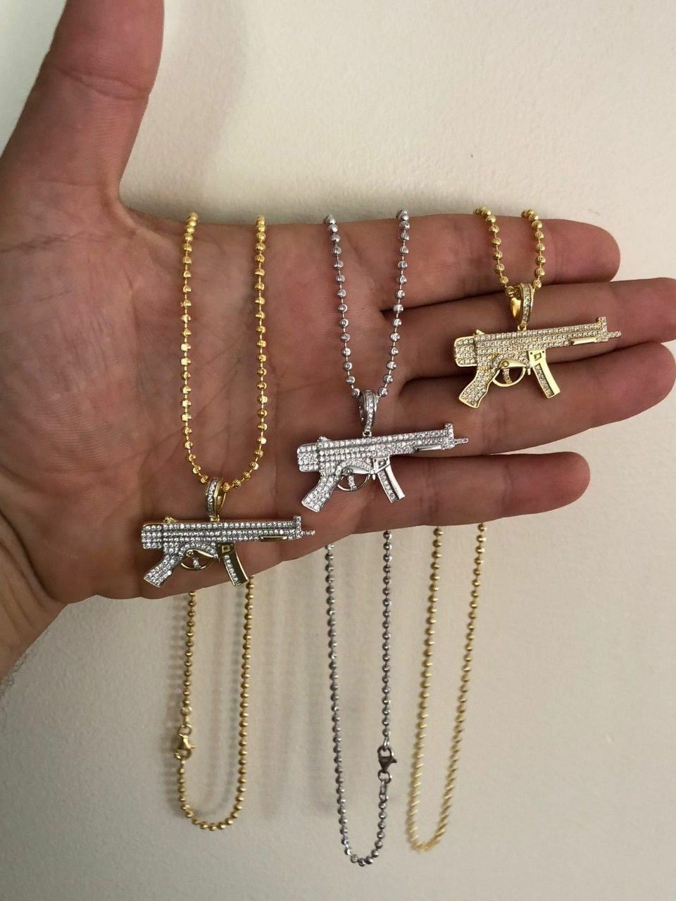 Real Solid 925 Silver AK-47 Machine Gun CZ Piece Super Icy Pendant W. Chain