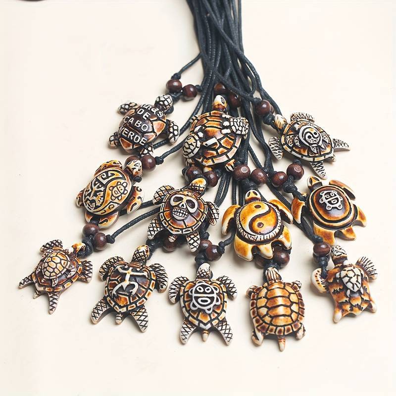 Brown Resin Wood Pendant Necklace Carved Lucky Wise Sea Turtle Marine Art 🇺🇸