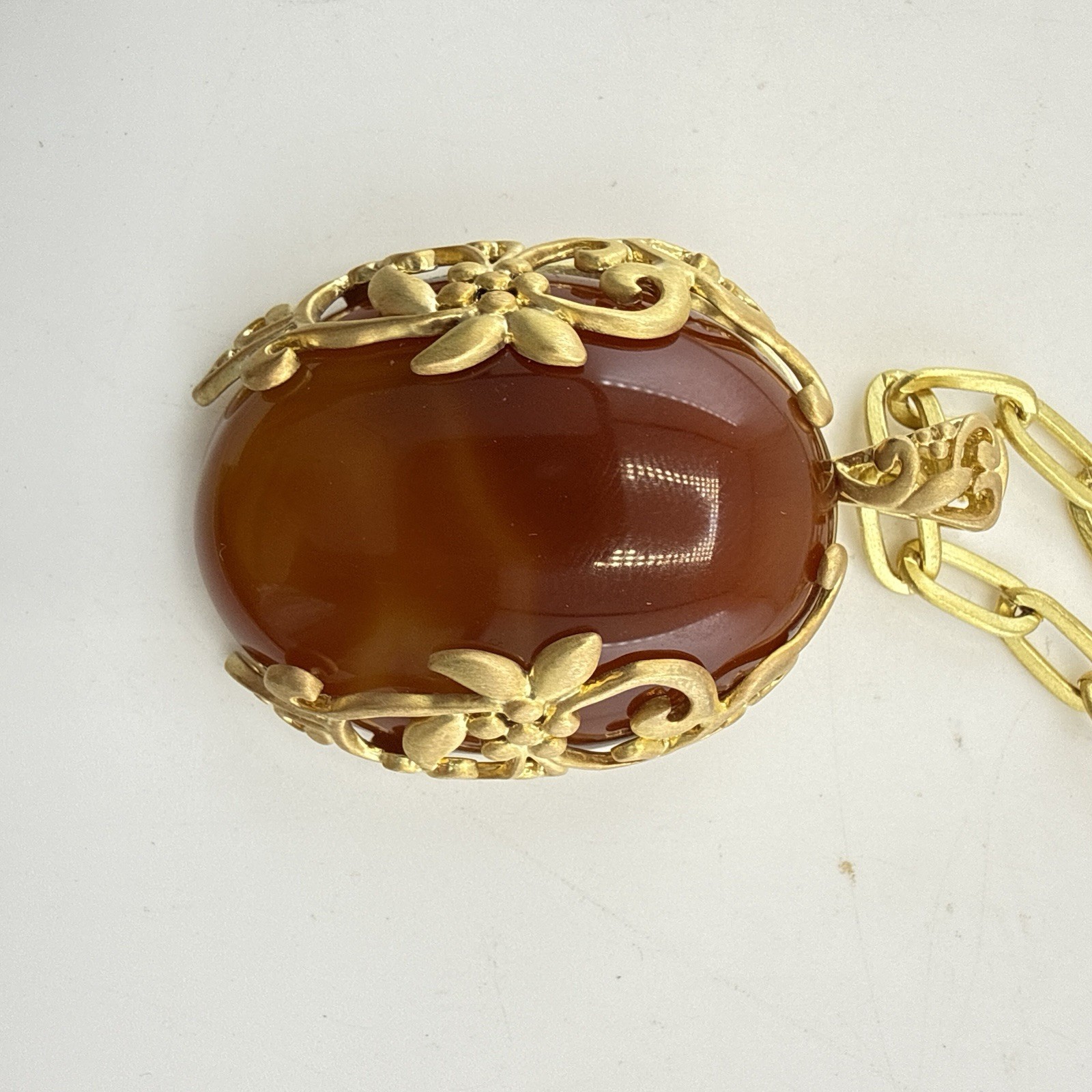 Sheila Fajl Necklace Floral Flower Faux Carnelian Gold Tone Brazil Chain Link
