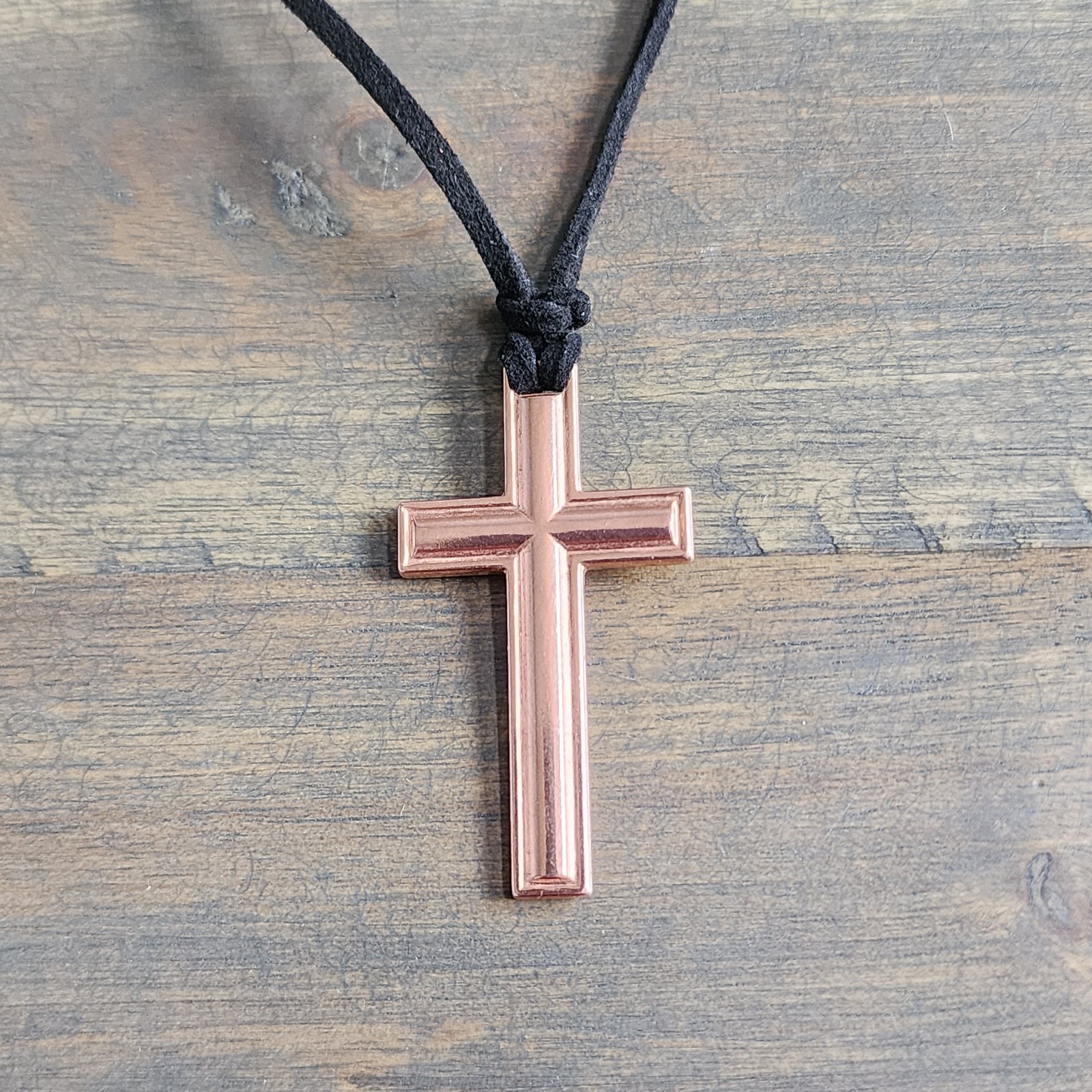 Pure Copper Cross Pendant Necklace – Adjustable Black Rope Cord, Handcrafted