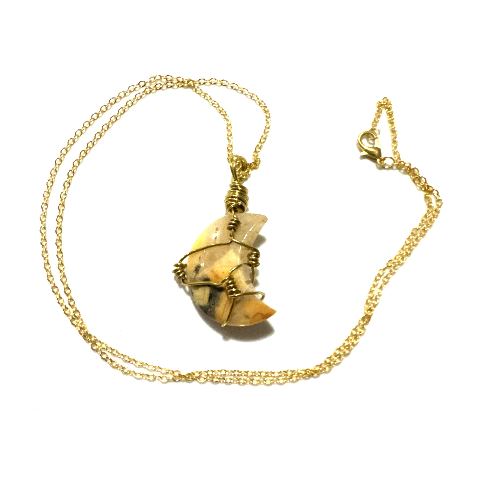 Agate Moon Pendant Necklace Jewelry Gold Tone 24″ Chain Genuine Stone Handmade