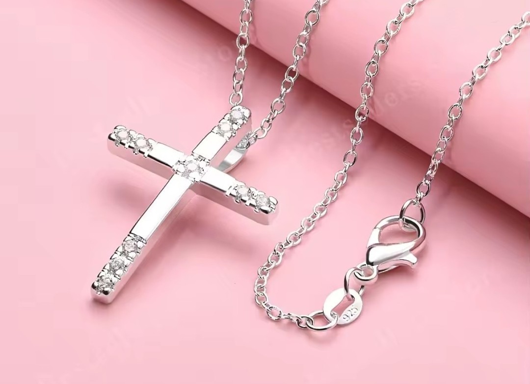 Rhinestone Cross Pendant Necklace Silver Plated Cable Chain, Crystal, Lobster