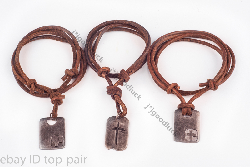 Mens Retro Metal Cross Pendant Genuine Leather Surfer Choker Bead Necklace