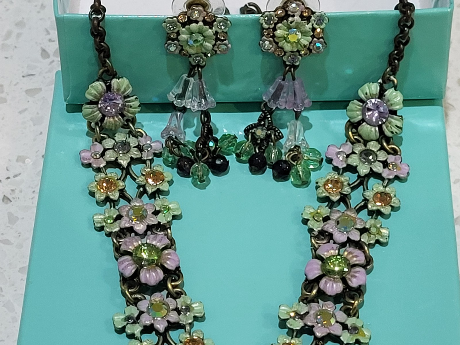 Vtg necklace, earring set Michael Morrison signed MX floral enamel with crystals