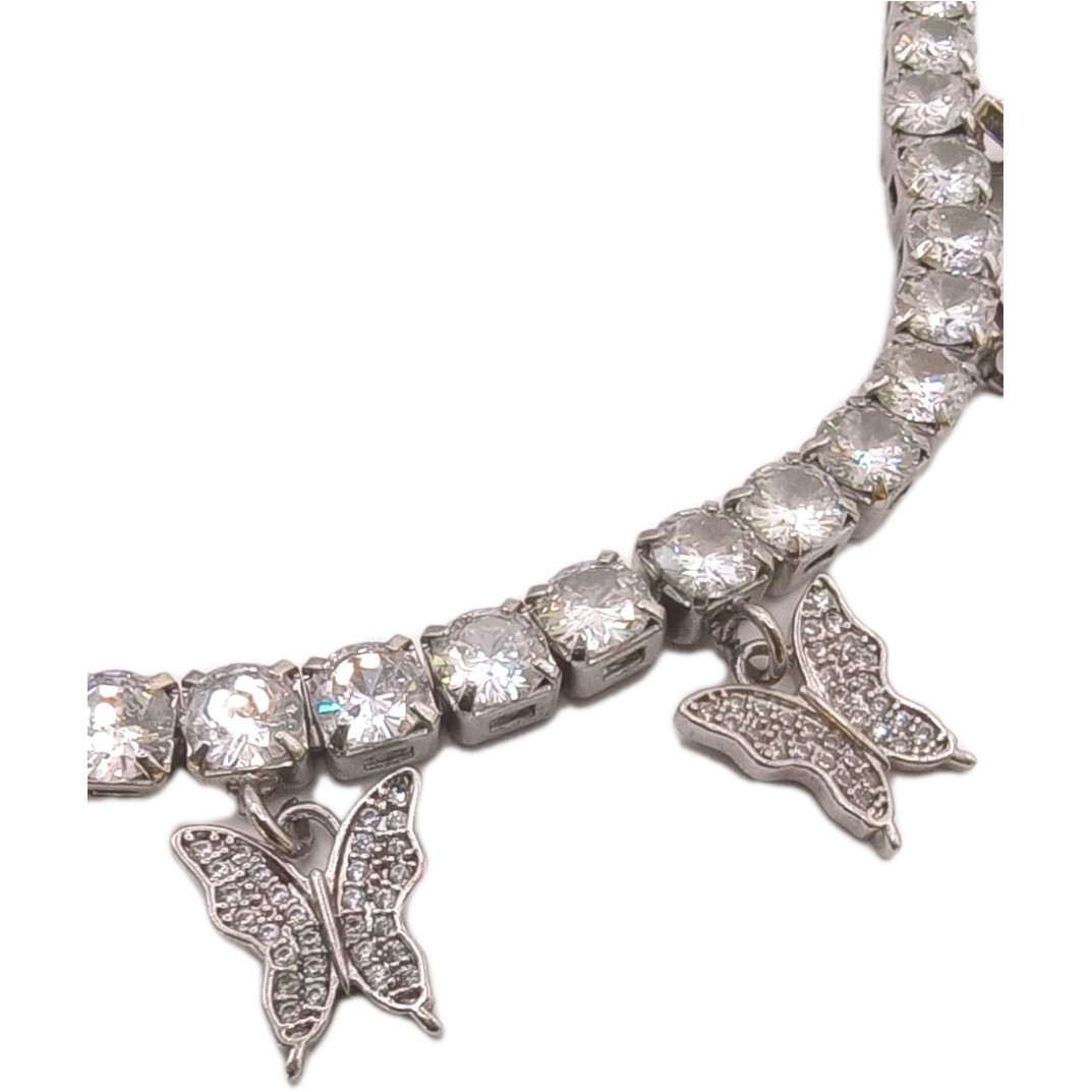 Clear Butterfly Charm Necklace Rhinestone Silver Tone Adjustable 13 to 15 in