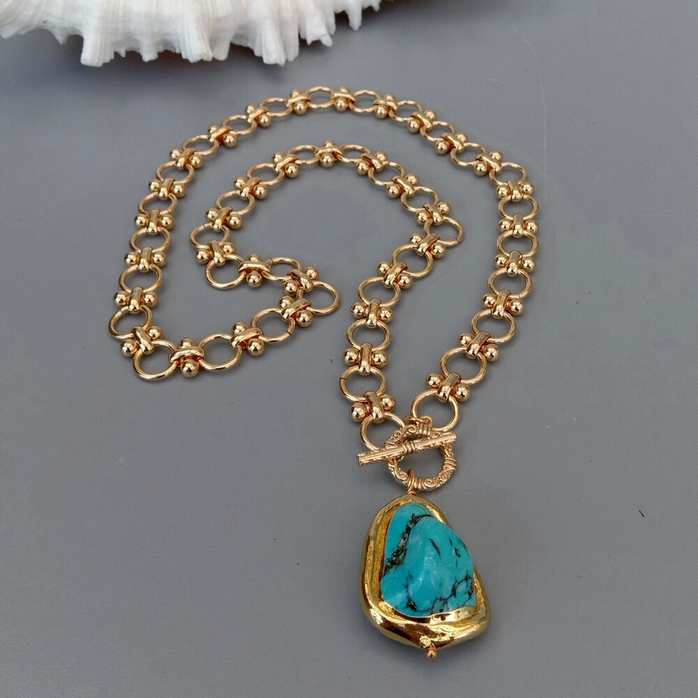 22x28mm Blue Turquoise Pendant Gold Plated Chain Chokers Necklace