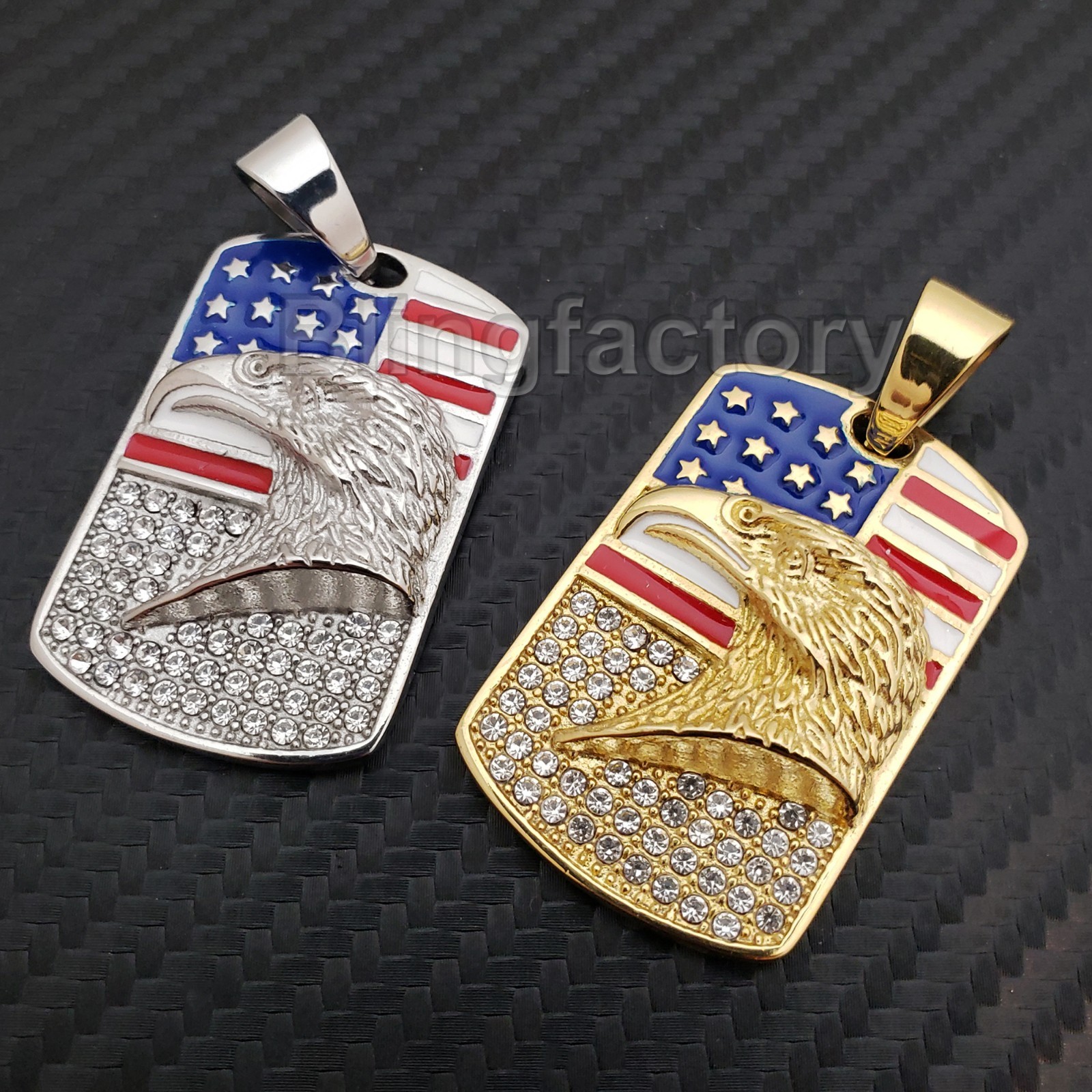 Iced Stainless steel American Flag Eagle Dog Tag Gold & Silver Tone Pendant