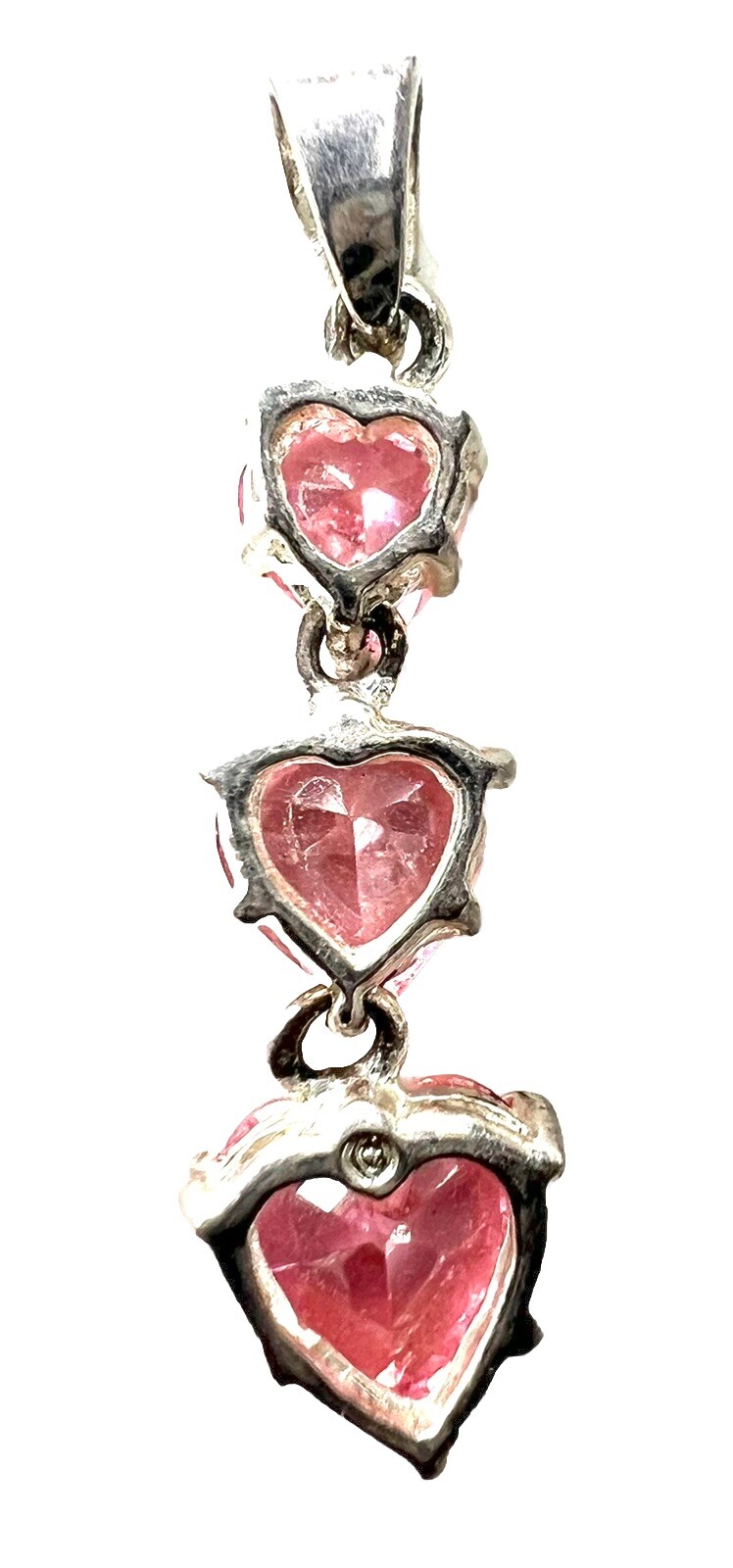 3 Pink Crystal Hearts Dangle Pendant Silver Tone 1 1/8”L
