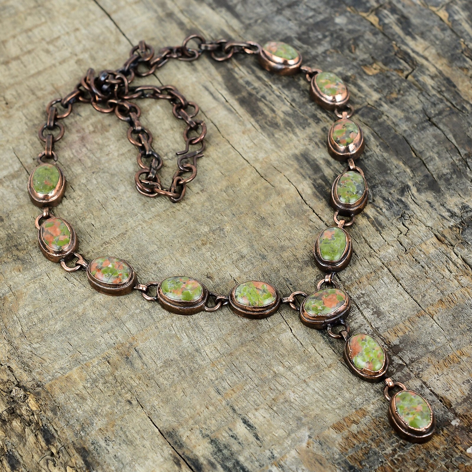 Oval Unakite Gemstone Chain Bezel Electroformed Wife Anniversary Necklace Copper