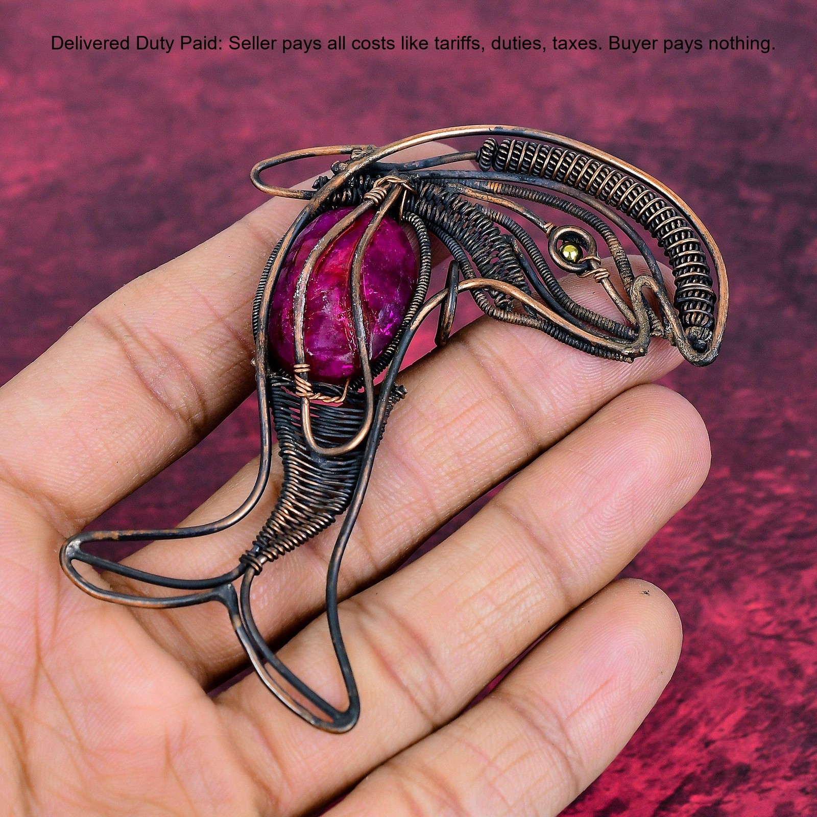 Kashmir Rubi Stone Copper Anniversary Graduation Wire Wrapped And Fish Pendant