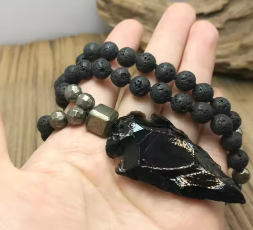 Black Obsidian Arrowhead Pendant lava Rock Pyrite Beads Meditation Necklace