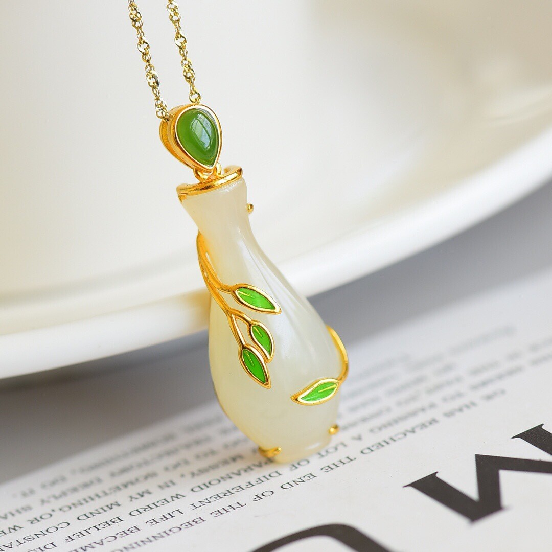 White Natural Jade Vase Pendant Necklace Real Jewelry 18K Gold Plated Designer