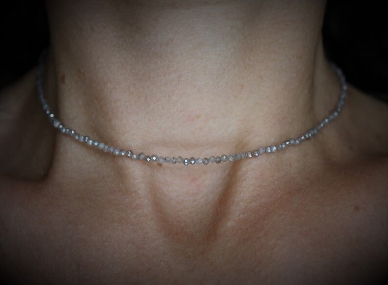Natural 2mm Labradorite Crystal Gemstone Faceted Beads Dainty Choker Necklace