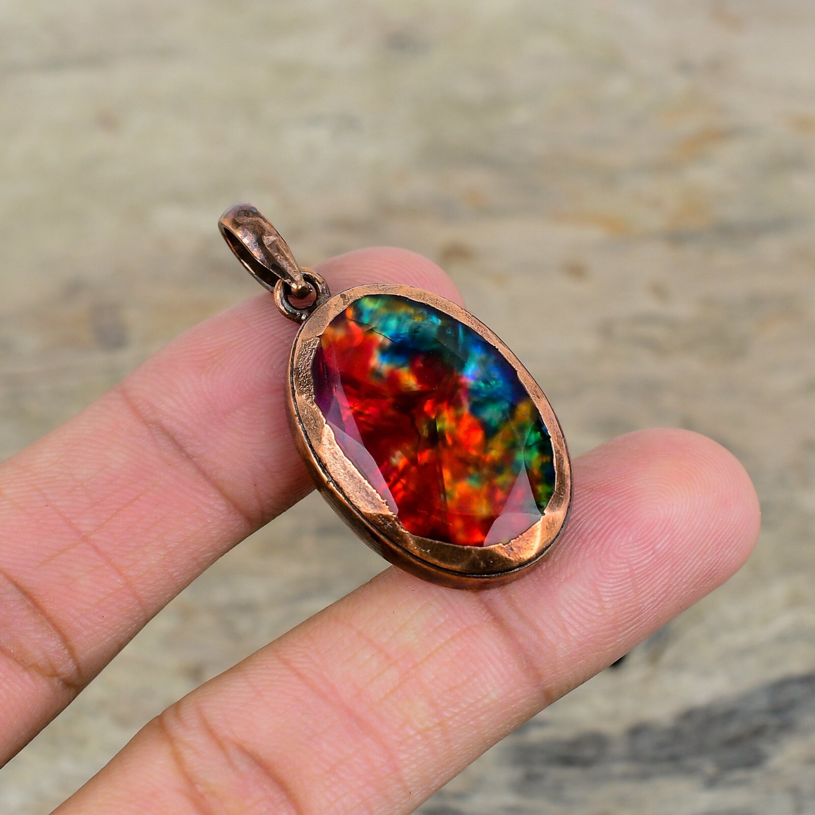Ammolite Gemstone Jewelry Copper Mother Gift Electroformed Pendant 1.77″