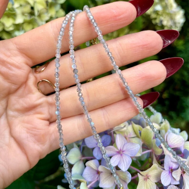 Natural 2mm Labradorite Crystal Gemstone Faceted Beads Dainty Choker Necklace