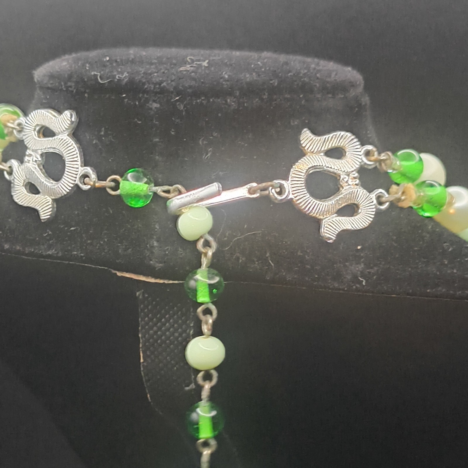 Layered Beaded Marked Japan Statement Necklace Green Glass Bead Round Pearl Hook