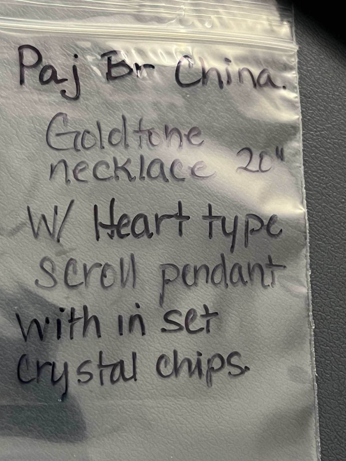 Signed PAJ BR China Goldtone Necklace 20” W/Heart Type Scroll Pendant